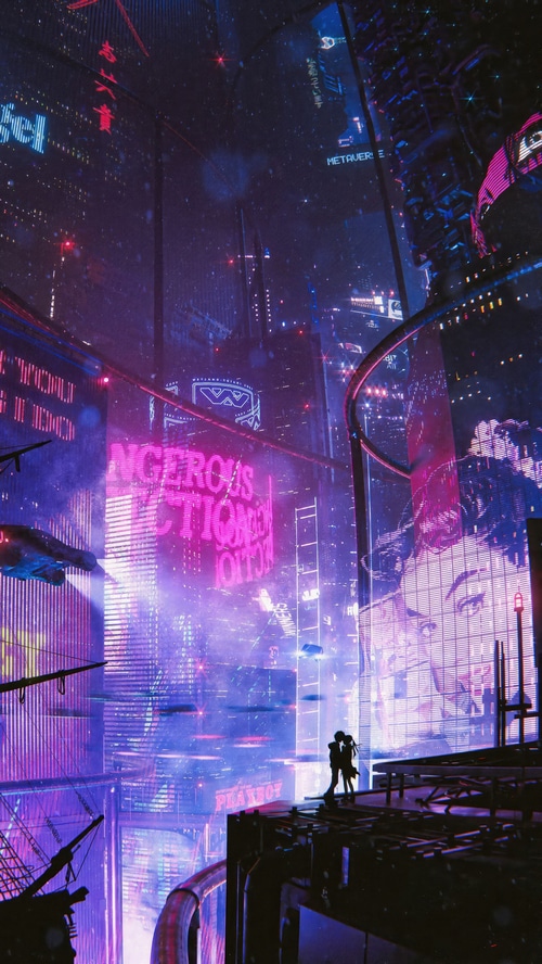 Couple in a neon-lit cyberpunk city