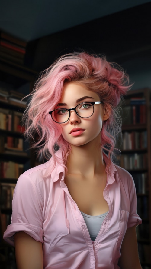 AI girl with pink hair and glasses in a library