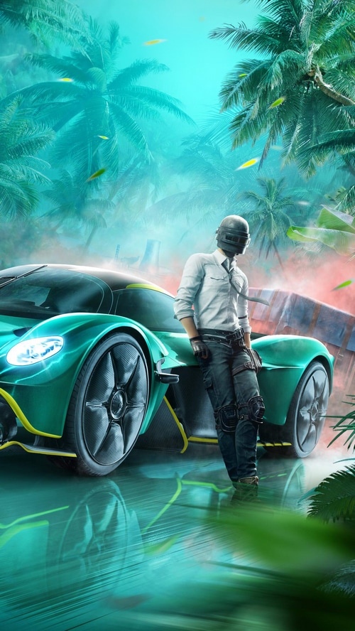 PUBG player leaning on a futuristic car