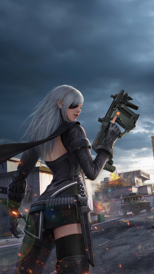 Artwork of a woman with a gun in a warzone
