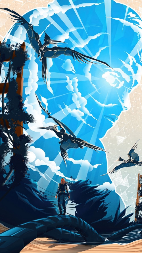 Horizon Forbidden West: Aloy and flying creatures