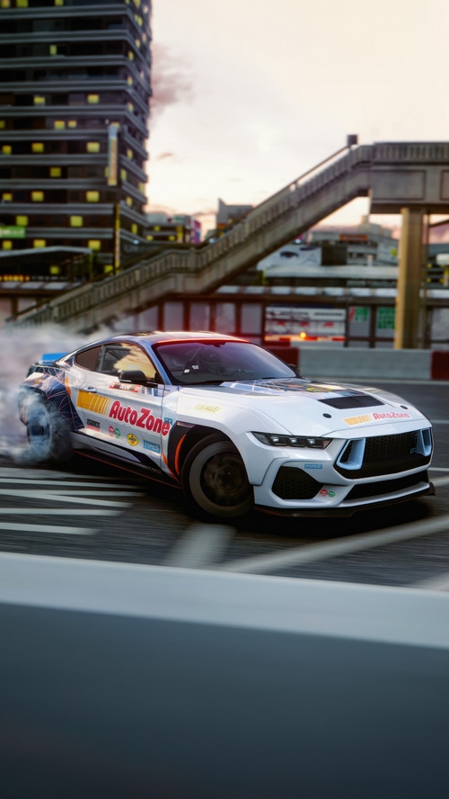 Ford Mustang "AutoZone" drifting in a city