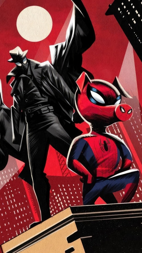 Spider-Man Noir and Spider-Ham in a city
