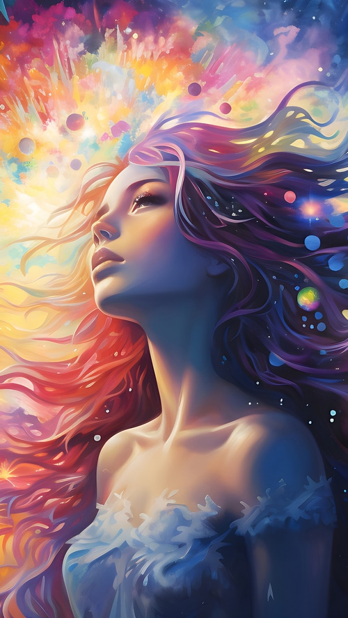 Artwork of a woman with colorful hair