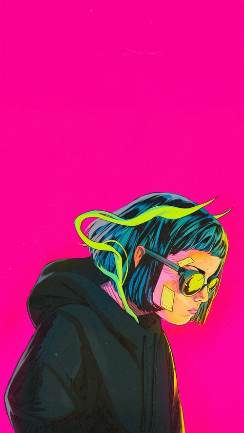 Artwork of a person with blue hair and sunglasses