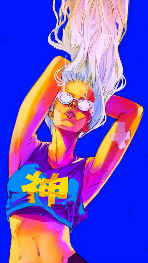 Artwork of a woman with white hair and sunglasses