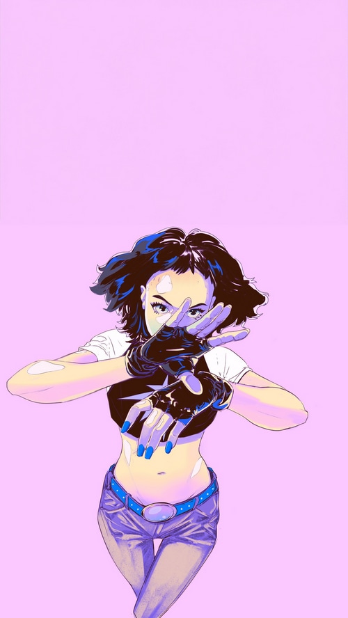 Anime girl with black hair and blue nails