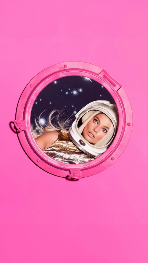 Barbie in an astronaut helmet looking out a porthole