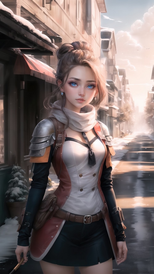 Anime girl with blue eyes in a snowy town
