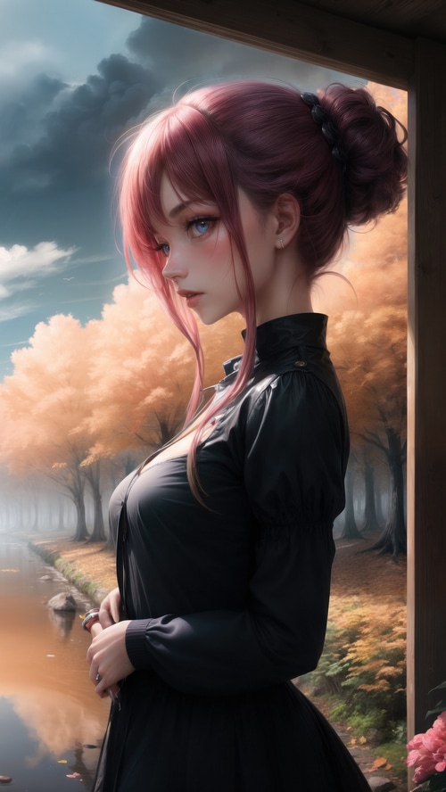 Anime girl with pink hair in a black dress