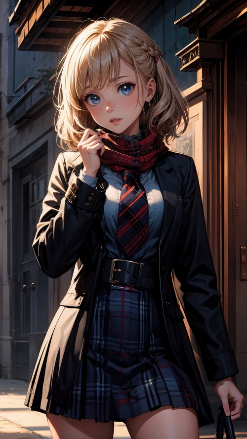 Anime girl in school uniform with scarf and jacket