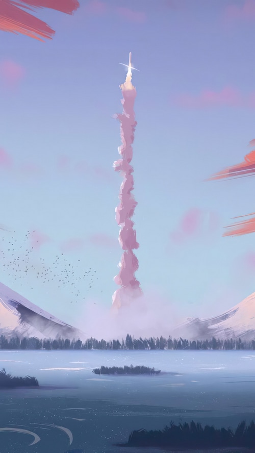 Rocket Launching Through Pink Smoke Clouds