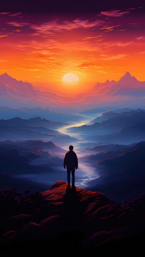 Man standing on mountain overlooking river at sunset