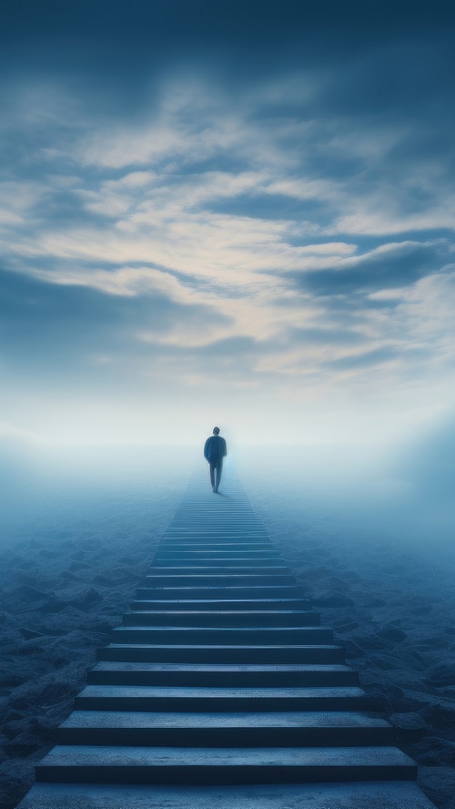 Man walking up stairs into the mist