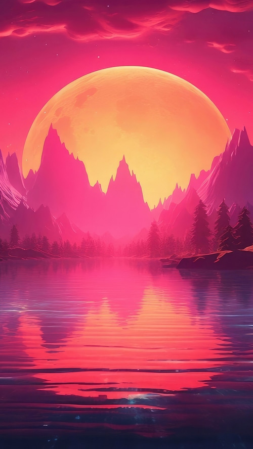 Synthwave Artwork of a Moonlit Mountain Lake