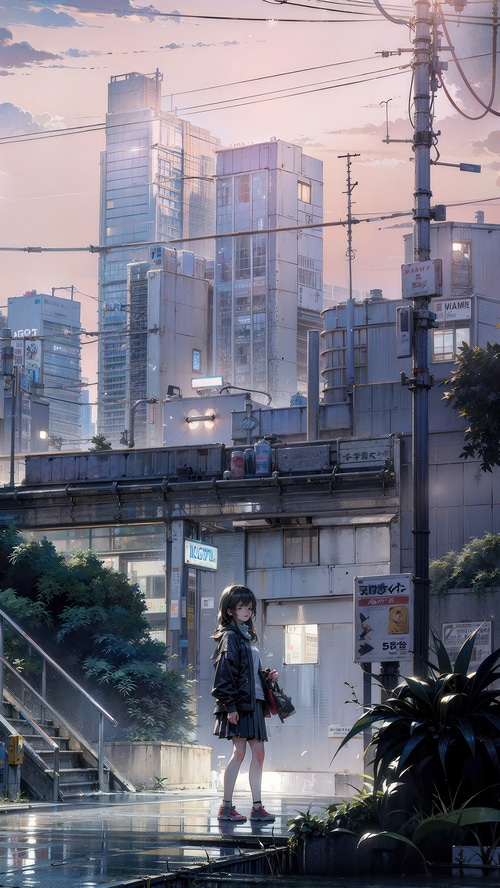 Anime girl standing on wet street in city
