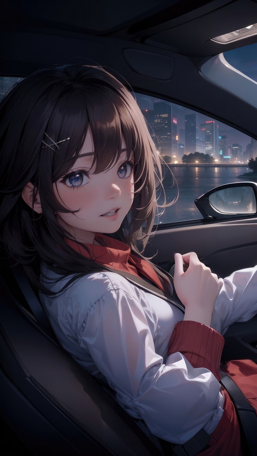 Anime girl in a car at night