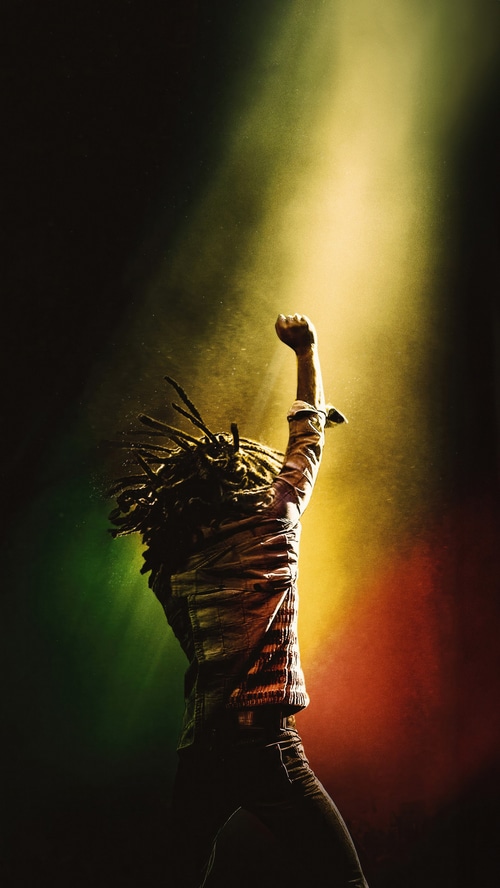 Bob Marley with fist raised in spotlight