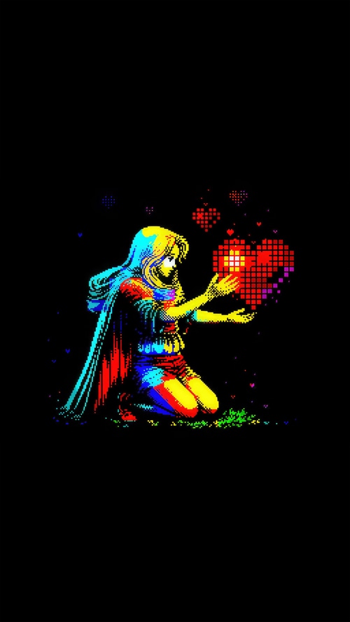 Pixel art of a person holding a pixelated heart