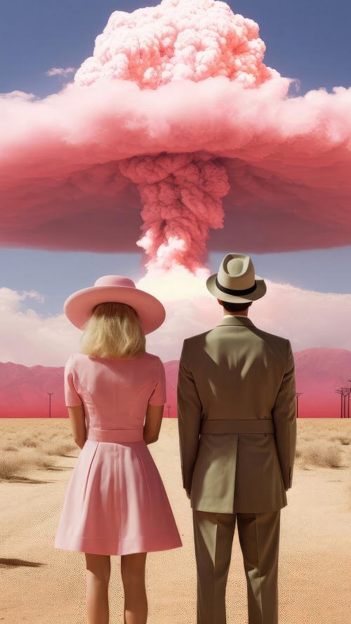Barbie and Oppenheimer watch a pink mushroom cloud