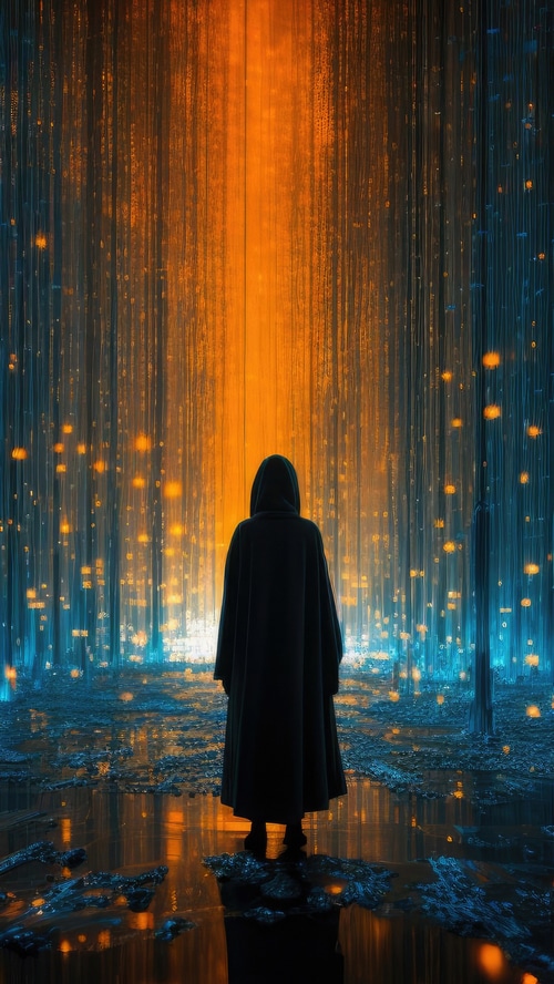 Person in a black cloak in a digital forest