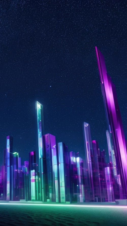 Minimalist skyscrapers under a starry night sky