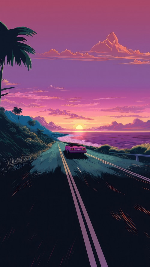 Retro car driving on a coastal road at sunset
