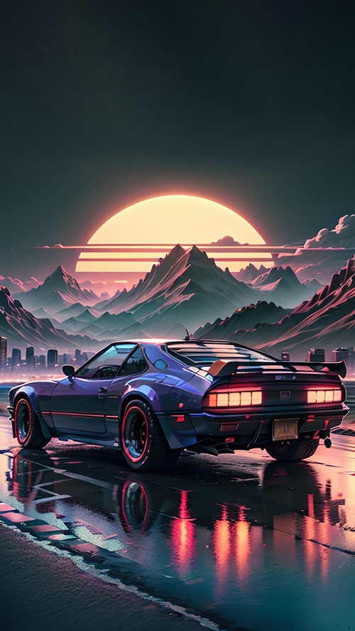 Retro Sports Car in a Neon Sunset Landscape 4K