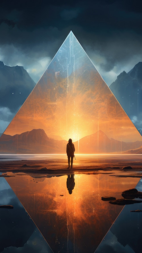 A person stands before a giant reflective pyramid
