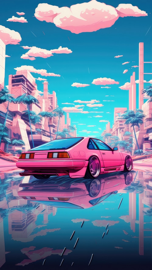 Pink Retro Car in a Futuristic City