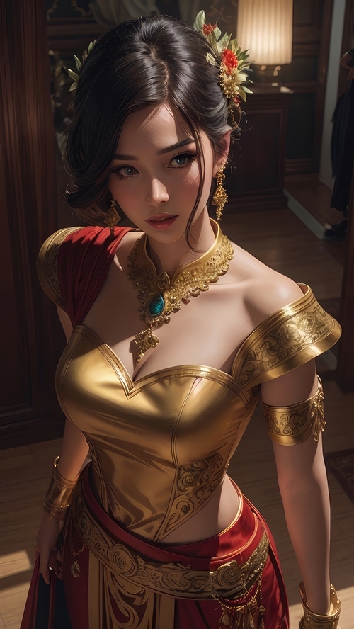 Fantasy girl in golden and red attire with jewelry