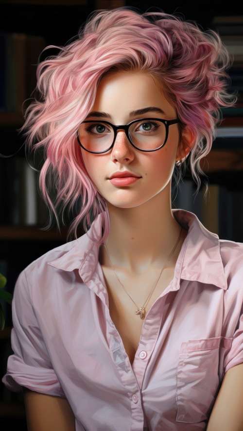 AI girl with pink hair and glasses