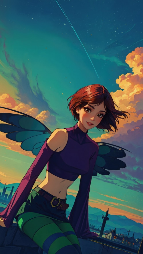 Anime girl with butterfly wings against a sunset sky
