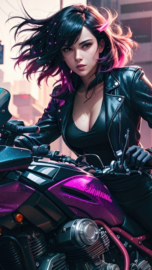 Cyberpunk woman with pink hair on a motorcycle