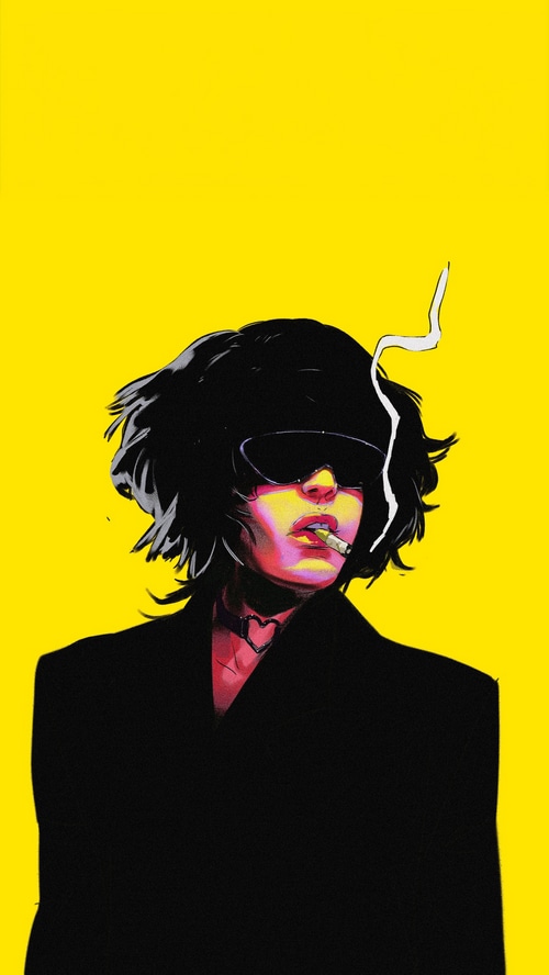 Digital art of a person smoking on a yellow background
