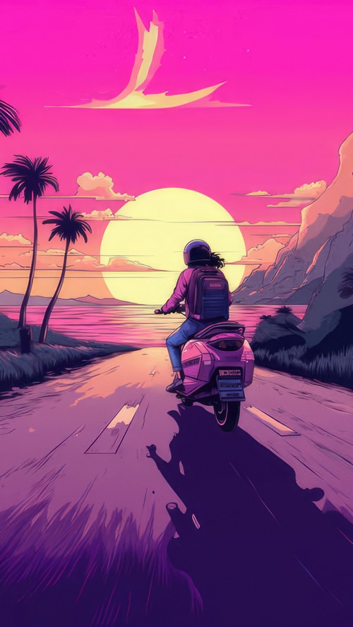 Vaporwave artwork of a person riding a scooter at sunset