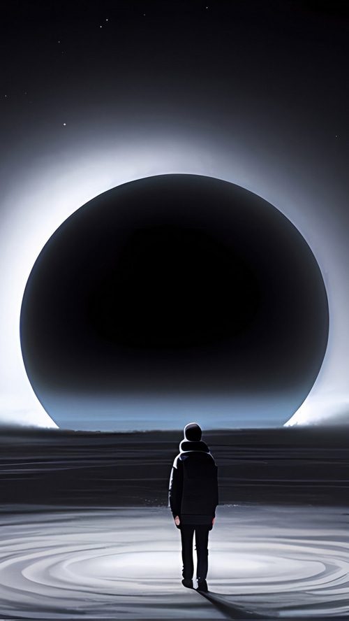 Person standing before a large black sphere in space