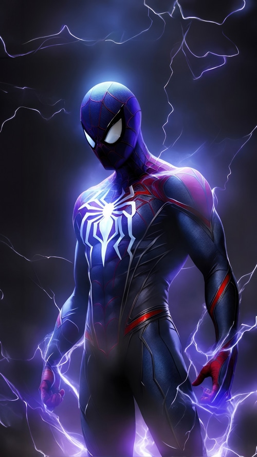Spiderman surrounded by purple lightning