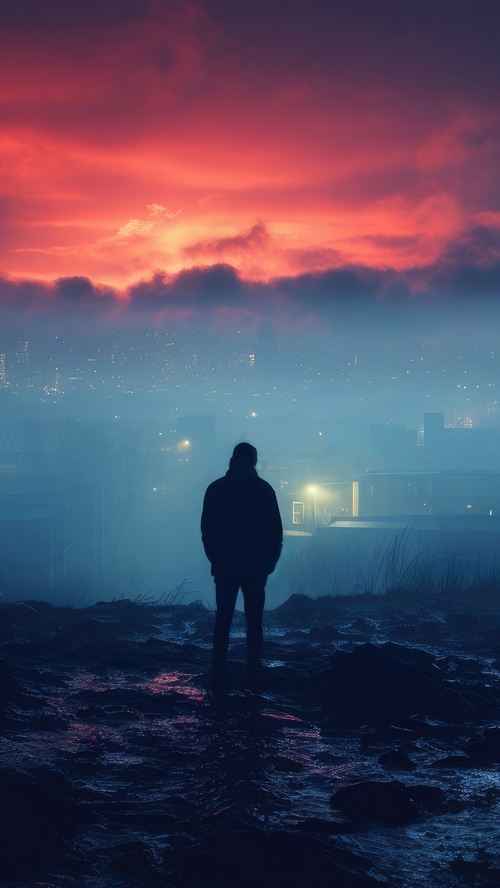 Silhouette of a person against a dramatic sunset over a foggy city
