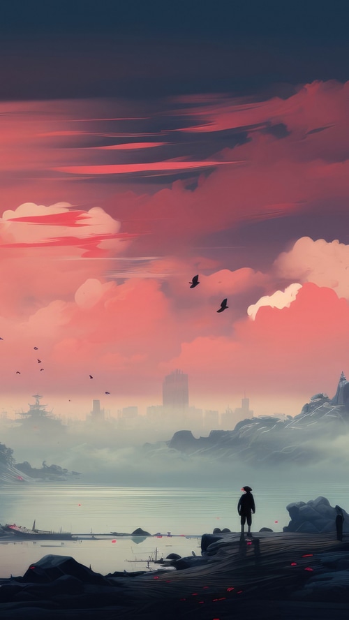 Digital art of a lone figure by the water at sunset