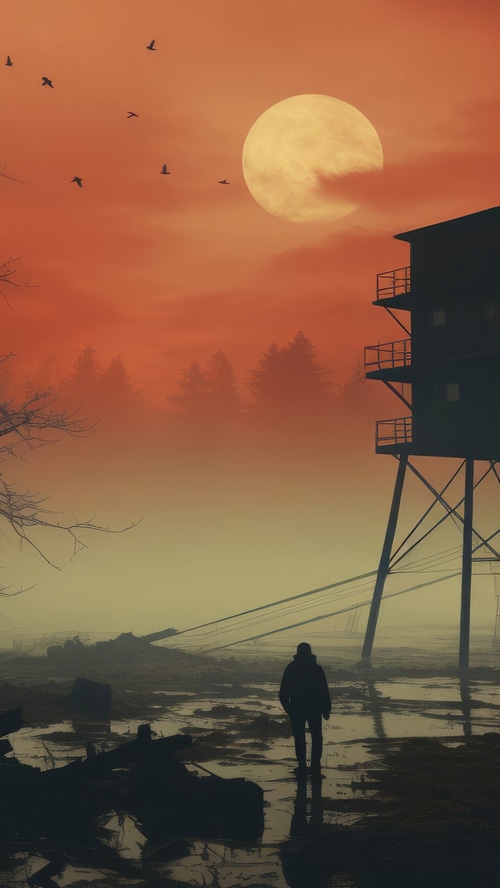 Man walks through a misty, post-apocalyptic landscape with a large moon