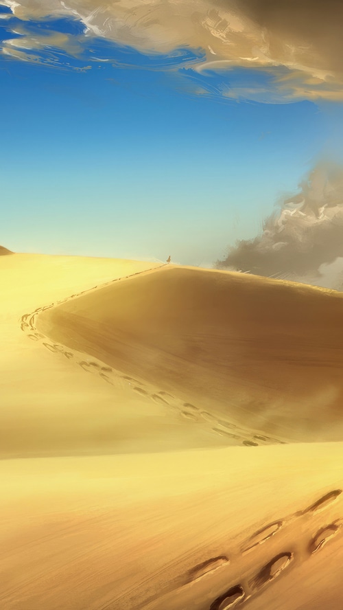 Digital art of a person walking on sand dunes