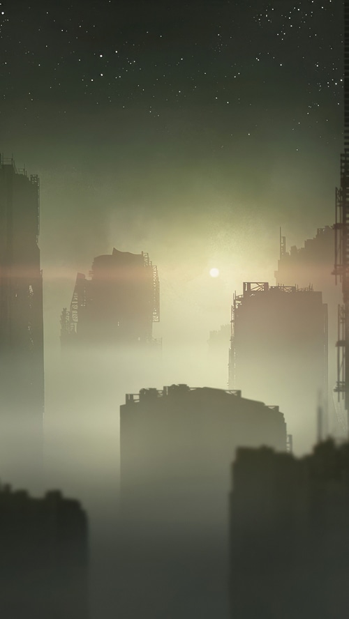 Digital art of a foggy city at night