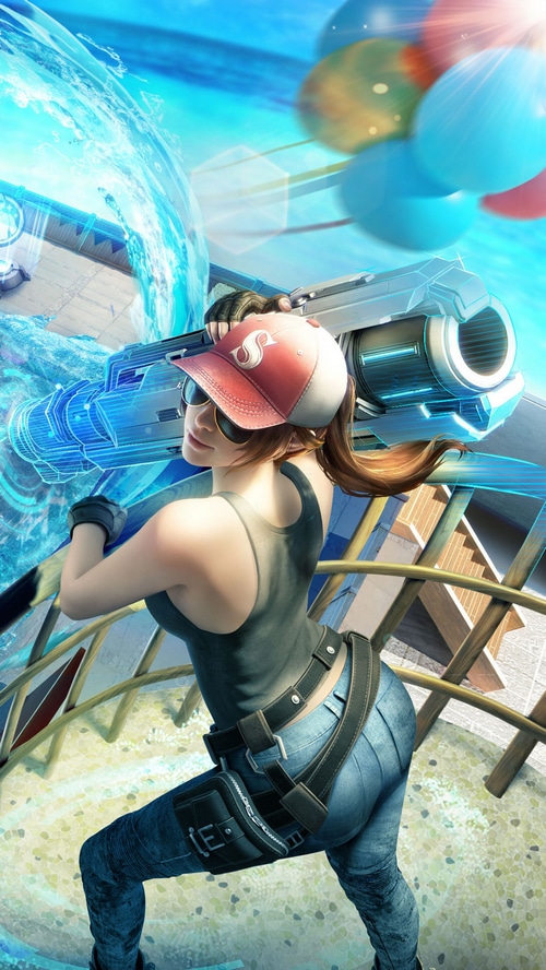 Player holding a futuristic weapon with balloons
