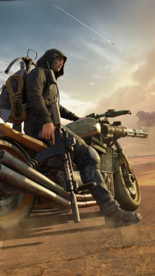 Undawn character on a motorcycle in a desert