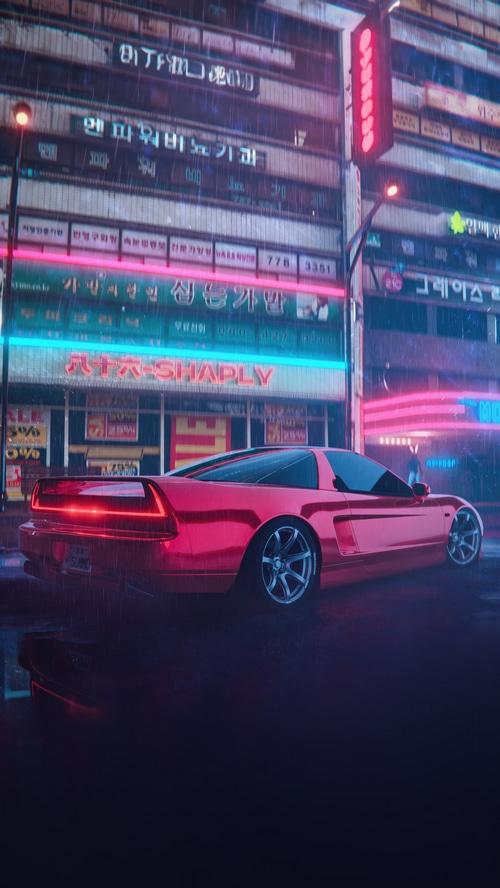 Red Honda NSX in Neon City at Night