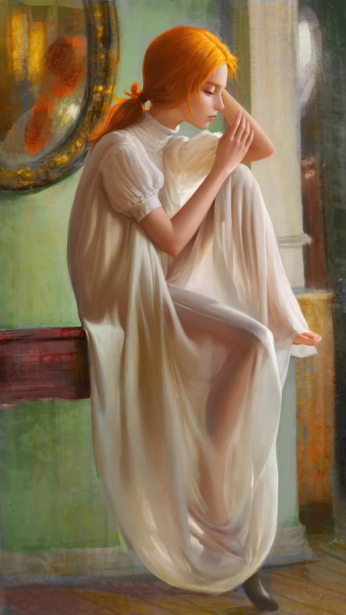 Artwork of a woman with orange hair in a white dress