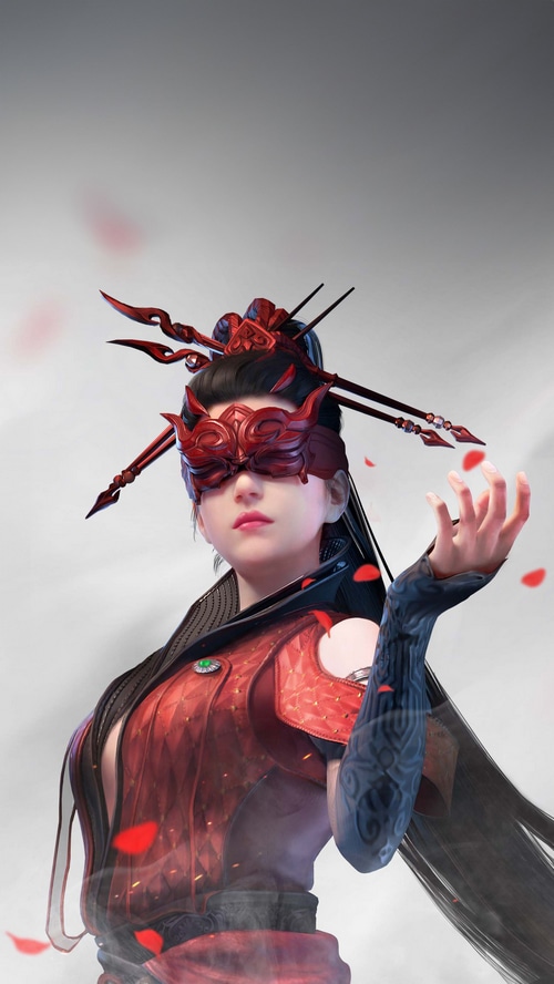 Naraka: Bladepoint character with red mask and armor