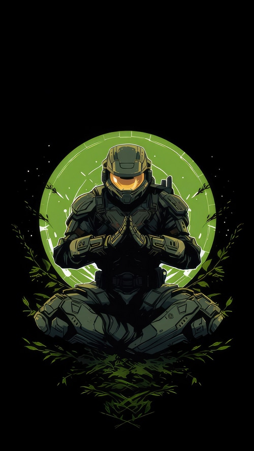 Master Chief meditating in a green circle