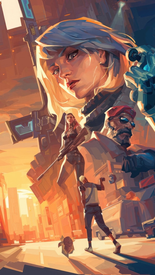 Valorant characters in a city at sunset